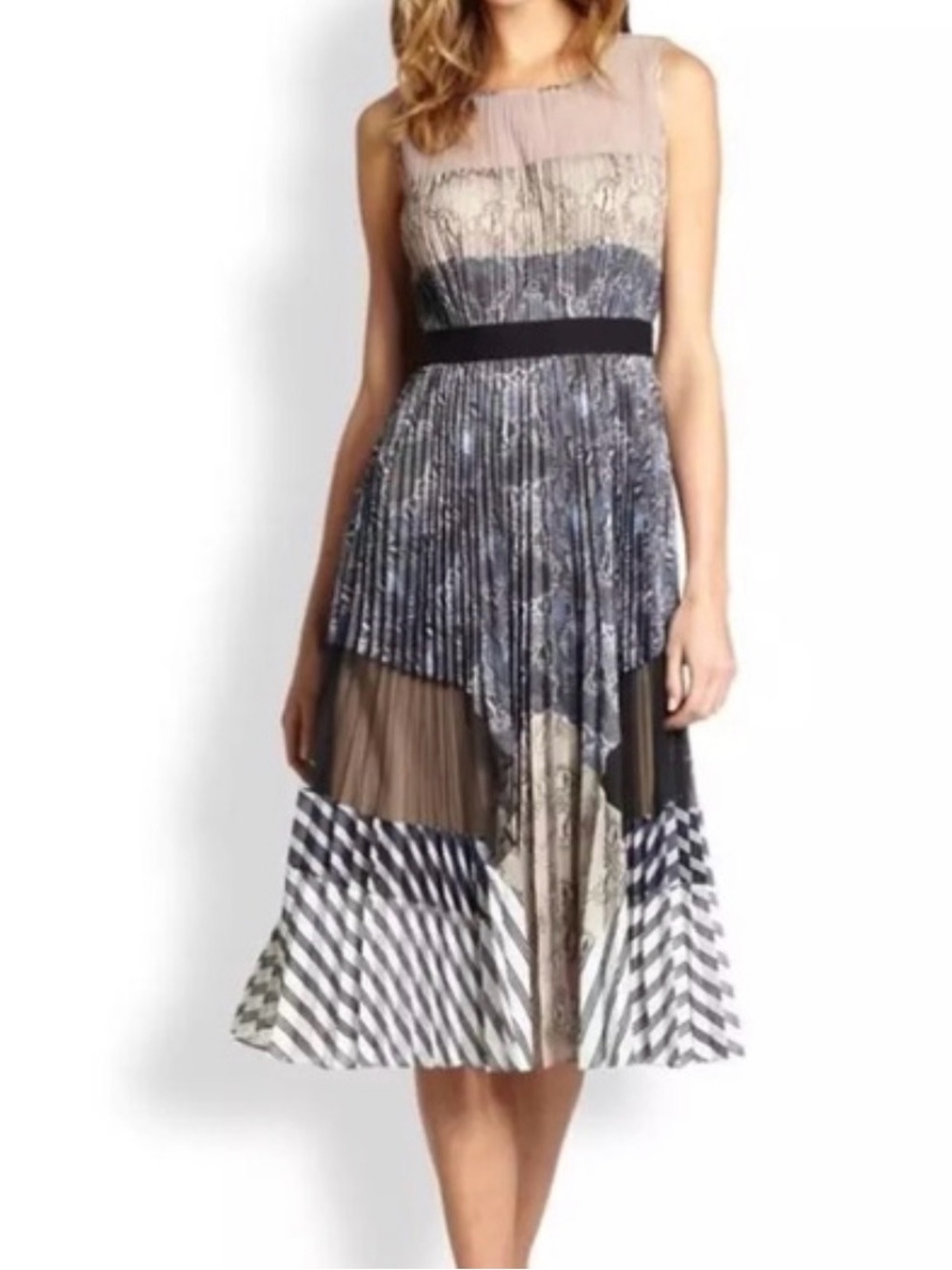 BCBGMaxAzria Sleeveless Mixed-Print Midi Dress in Blush and Navy